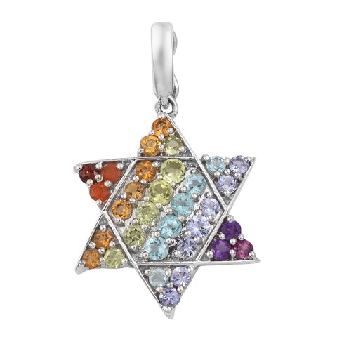 Star-Shaped Sterling Silver Pendant With Rhodium Plating And Fire Opal, Red Garnet, African Amethyst, Rhodolite Garnet, Tanzanite, Citrine, - Fashion Apparel 