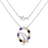 Sterling Silver Pendant With Chain Adorned With Rhodium Plating And Polished African Amethyst, Peridot, Blue Topaz, Citrine, Garnet, And Whi - Fashion Apparel 