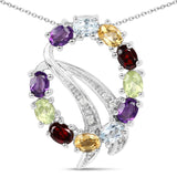 Sterling Silver Pendant With Chain Adorned With Rhodium Plating And Polished African Amethyst, Peridot, Blue Topaz, Citrine, Garnet, And Whi - Fashion Apparel 