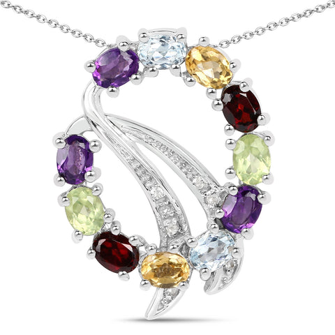Sterling Silver Pendant With Chain Adorned With Rhodium Plating And Polished African Amethyst, Peridot, Blue Topaz, Citrine, Garnet, And Whi - Fashion Apparel 
