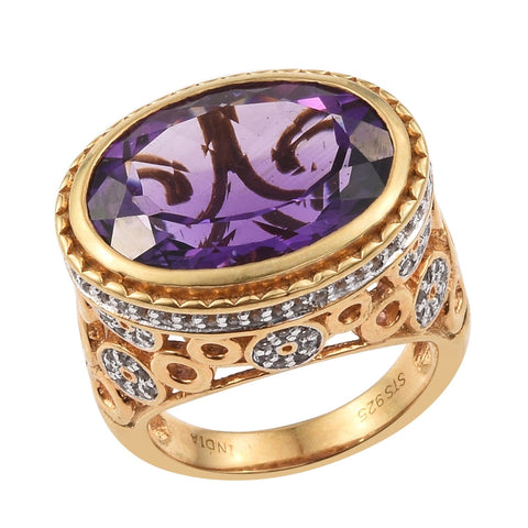 Yellow Gold Plated Sterling Silver Ring With Bolivian Amethyst, White Topaz - Fashion Apparel 