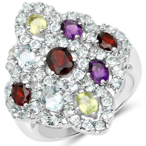 Royal Looking Sterling Silver Rings With Rhodium Plating And Polished Garnet, Garnet, African Amethyst, Peridot, Blue Topaz, Blue Topaz Gems - Fashion Apparel 