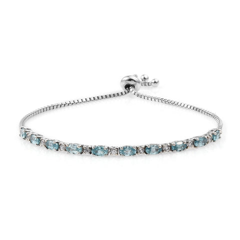 Rhodium Plated Sterling Silver Bracelet With Blue Zircon, Natural White Zircon Gemstones - Fashion Apparel 