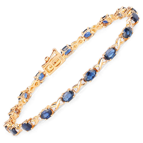 5.31 Carat Genuine Blue Sapphire and White Diamond 14K Yellow Gold Bracelet - Fashion Apparel 