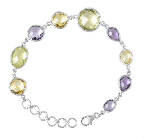 Amethyst Citrine And Lemon Quartz Gemstone Chain Bracelet Set In Rhodium - Fashion Apparel 