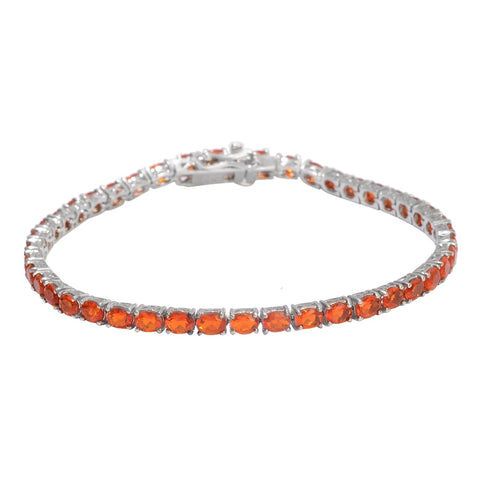 Rhodium Plated Sterling Silver Bracelet With Polished Fire Opal Gemstones - Fashion Apparel 