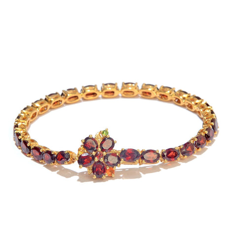 Yellow Gold Rhodium Plated Sterling Silver Bracelet Adorned With Russian Diaopside, Citrine, Fire Opal, And  Red Garnet - Fashion Apparel 