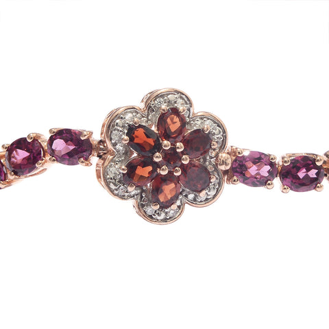 Sterling Silver Bracelet With Rose Gold Plating And Rhodolite Garnet, Natural White Zircon, Red Garnet Stones. - Fashion Apparel 