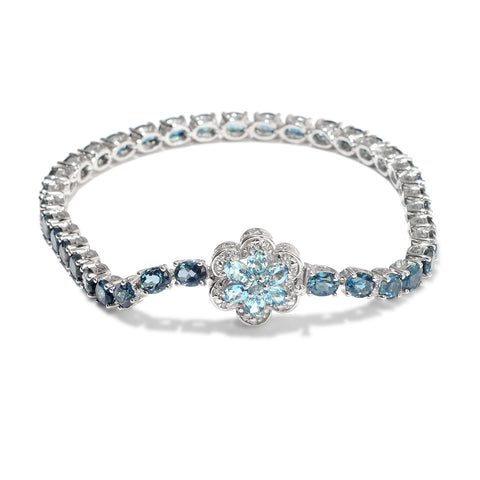Rhodium Plating Sterling Silver Bracelet With London Blue Topaz, Natural White Zircon, Swiss Blue Topaz Stones. - Fashion Apparel 