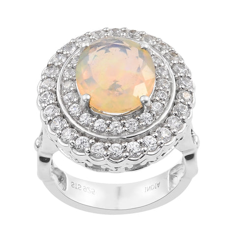 Royal Looking Sterling Silver Ring With Rhodium Plating And Ethiopian Opal, Natural White Zircon - Fashion Apparel 