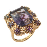 Multi Fluorite Square Ring With African Amethyst, Russian Diaopside Signity Paraiba Topaz And Tanzanite Gemstones Set In Rhodium - Fashion Apparel 