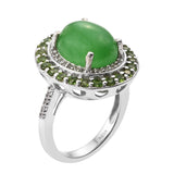Green Jade Gemstone Ring With Russian Diaopside And Natural White Zircon Halo Set In Rhodium - Fashion Apparel 