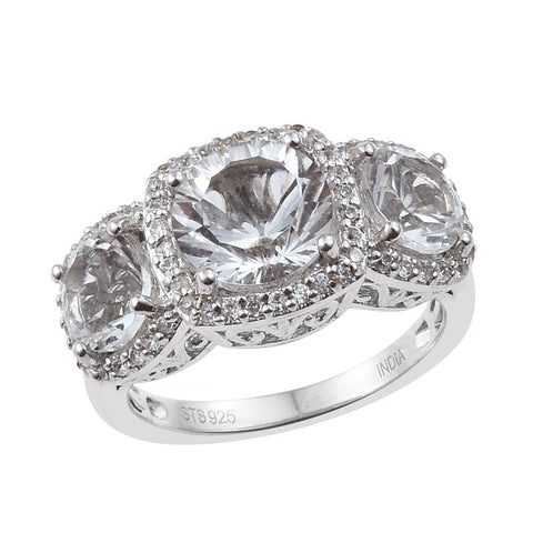 Petalite Trinity Ring With Natural White Zircons Set In Rhodium - Fashion Apparel 