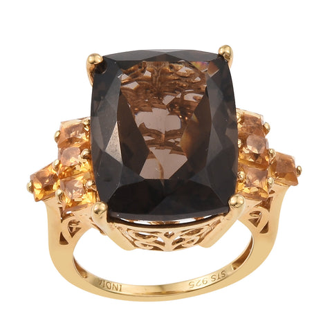 Smoky Quartz, Citrine Sterling Silver Ring Polished With Yellow Gold Rhodium. - Fashion Apparel 