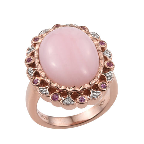 Pink Sapphire, Natural White Zircon Ring Polished With Rose Gold Rhodium In Sterling Silver. - Fashion Apparel 