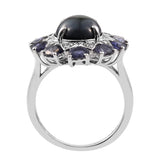 Rhodium Plated Sterling Silver Ring With Polished Difused Star Blue Sapphire, Iolite, And Natural White Zircon Gemstone - Fashion Apparel 