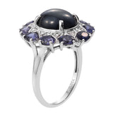 Rhodium Plated Sterling Silver Ring With Polished Difused Star Blue Sapphire, Iolite, And Natural White Zircon Gemstone - Fashion Apparel 