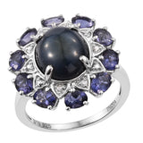 Rhodium Plated Sterling Silver Ring With Polished Difused Star Blue Sapphire, Iolite, And Natural White Zircon Gemstone - Fashion Apparel 