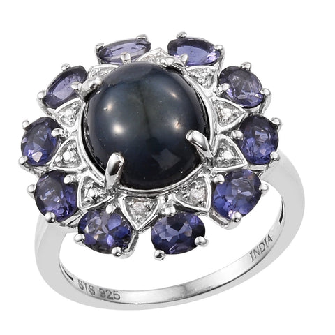 Rhodium Plated Sterling Silver Ring With Polished Difused Star Blue Sapphire, Iolite, And Natural White Zircon Gemstone - Fashion Apparel 