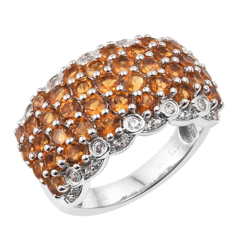 Rhodium Plated Sterling Silver Ring With Polished Citrine And Natural White Zircon - Fashion Apparel 