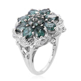 Stunning Rhodium Plated Sterling Silver Ring Jeweled With Natural White Zircon, And Teal Apatite - Fashion Apparel 