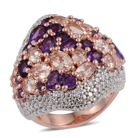 Rose Gold Rhodium Plated Sterling Silver Ring With Polished African Amethyst, Morganite, And Natural White Zircon - Fashion Apparel 