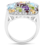 Rhodium Plated Sterling Silver Ring Jeweled With Polished Blue Topaz, Peridot Marquise, Garnet, Citrine, Garnet Marquise, African Amethyst, - Fashion Apparel 