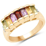 Stunning Yellow Gold Plated Sterling Silver Ring With African Amethyst Baguette, Citrine Baguette, Peridot Baguette, Garnet Baguette, And Wh - Fashion Apparel 